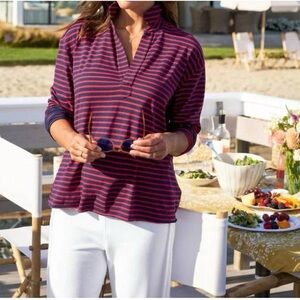 Frank & Eileen Patrick Popover Henley Red Navy Stripe Coastal Cotton Sz Small